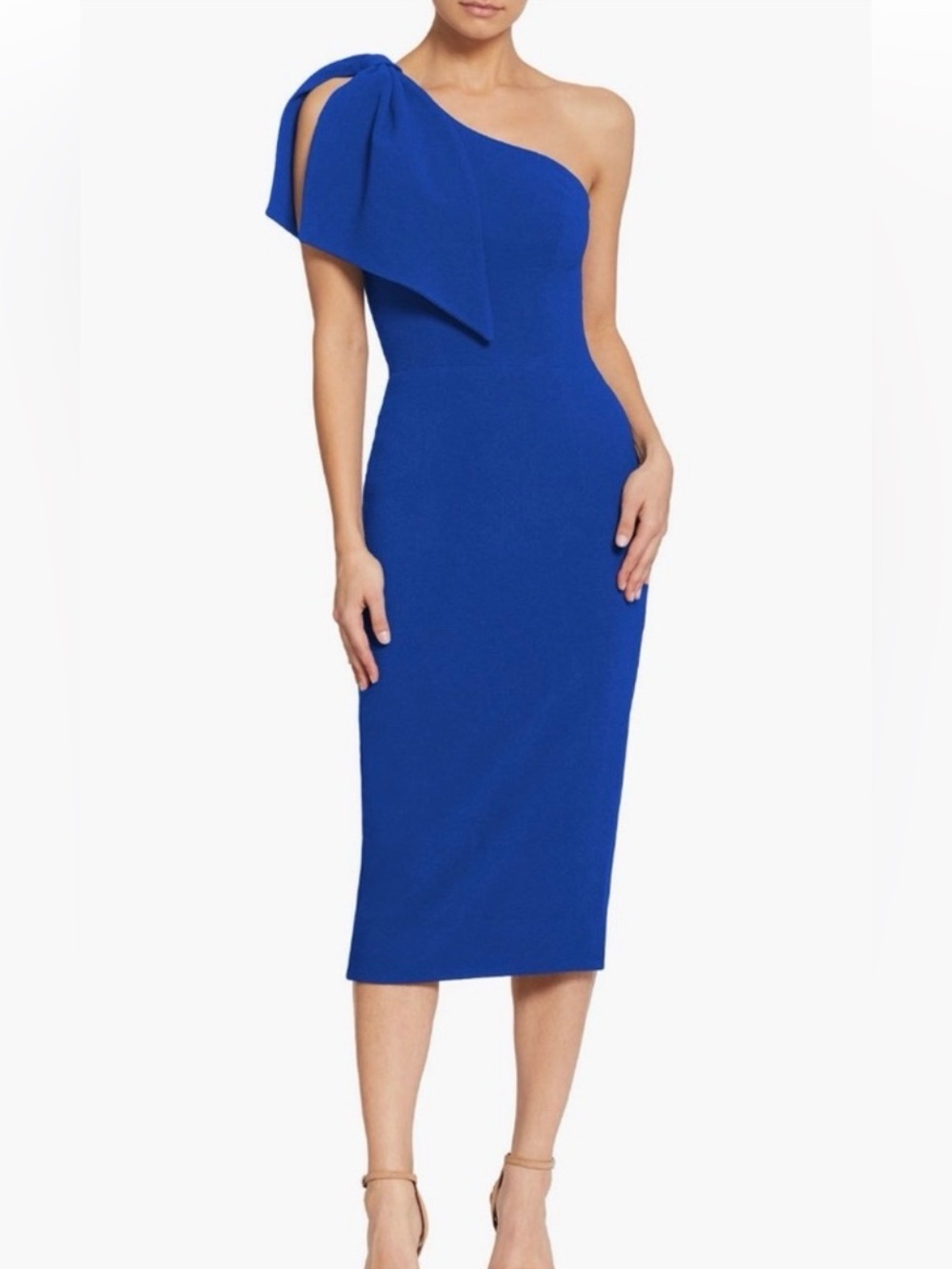 NEW Dress the Population Tiffany One-Shoulder Bow Midi Dress Blue XS